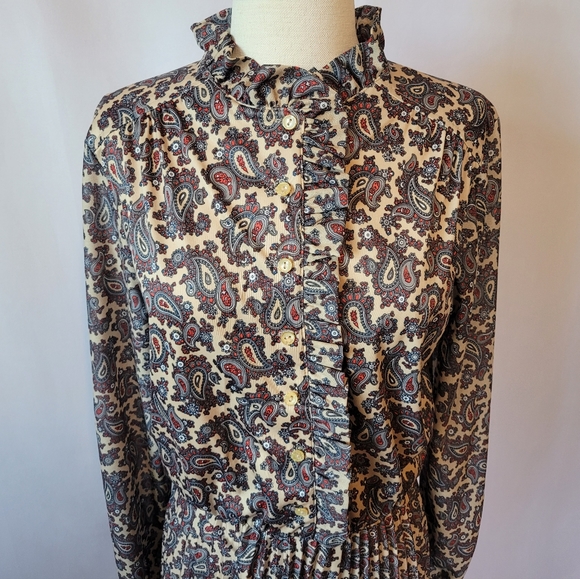 Vintage 1970s Paisley Print Drop Elastic Waist Ruffle Pleated Shirt Dress, Sz 14 - Picture 10 of 15